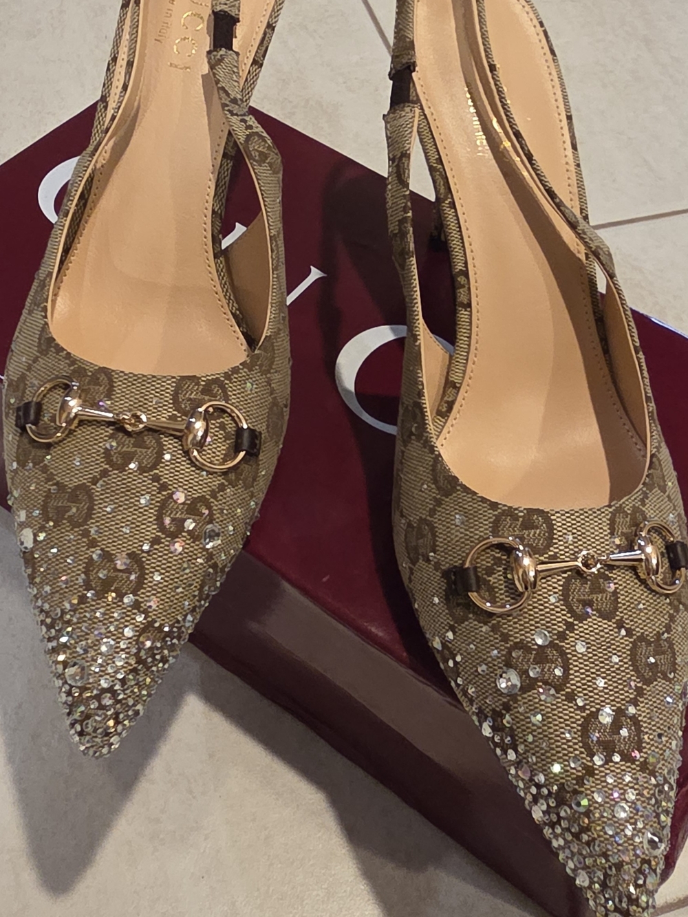 Embellished Tan Monogram Slingback Heels with Gold Horsebit